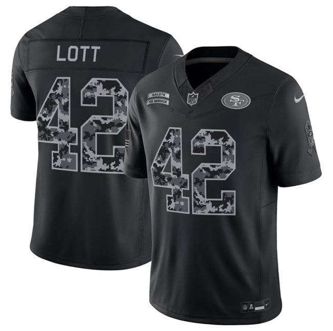Men’s San Francisco 49ers #42 Ronnie Lott 2026 Salute to Service Black Limited Stitched Jersey