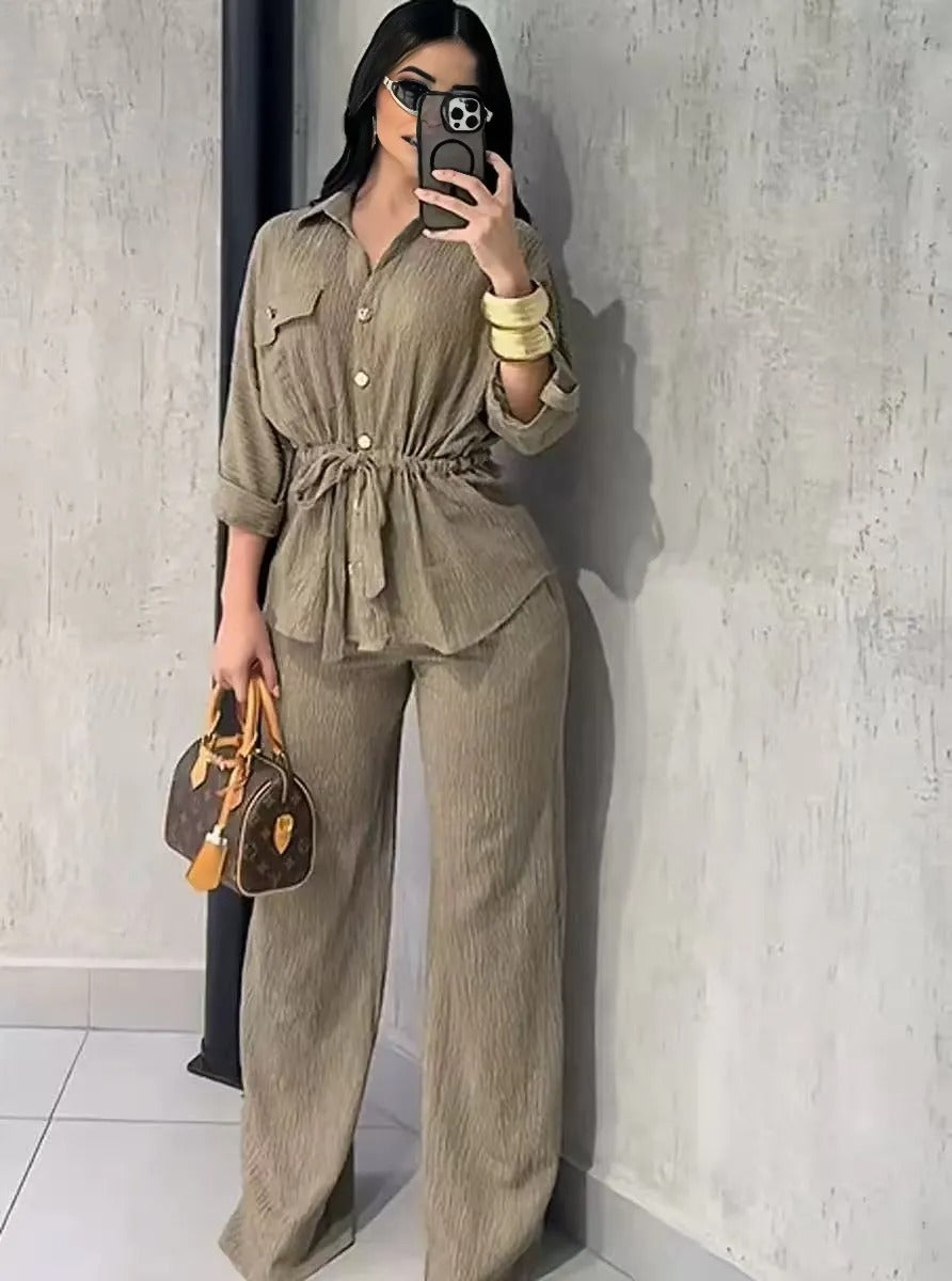 Women’s Loose Fit Shirt and Pants Set, Long Sleeve Outfit