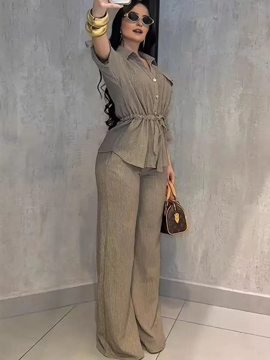 Women’s Loose Fit Shirt and Pants Set, Long Sleeve Outfit