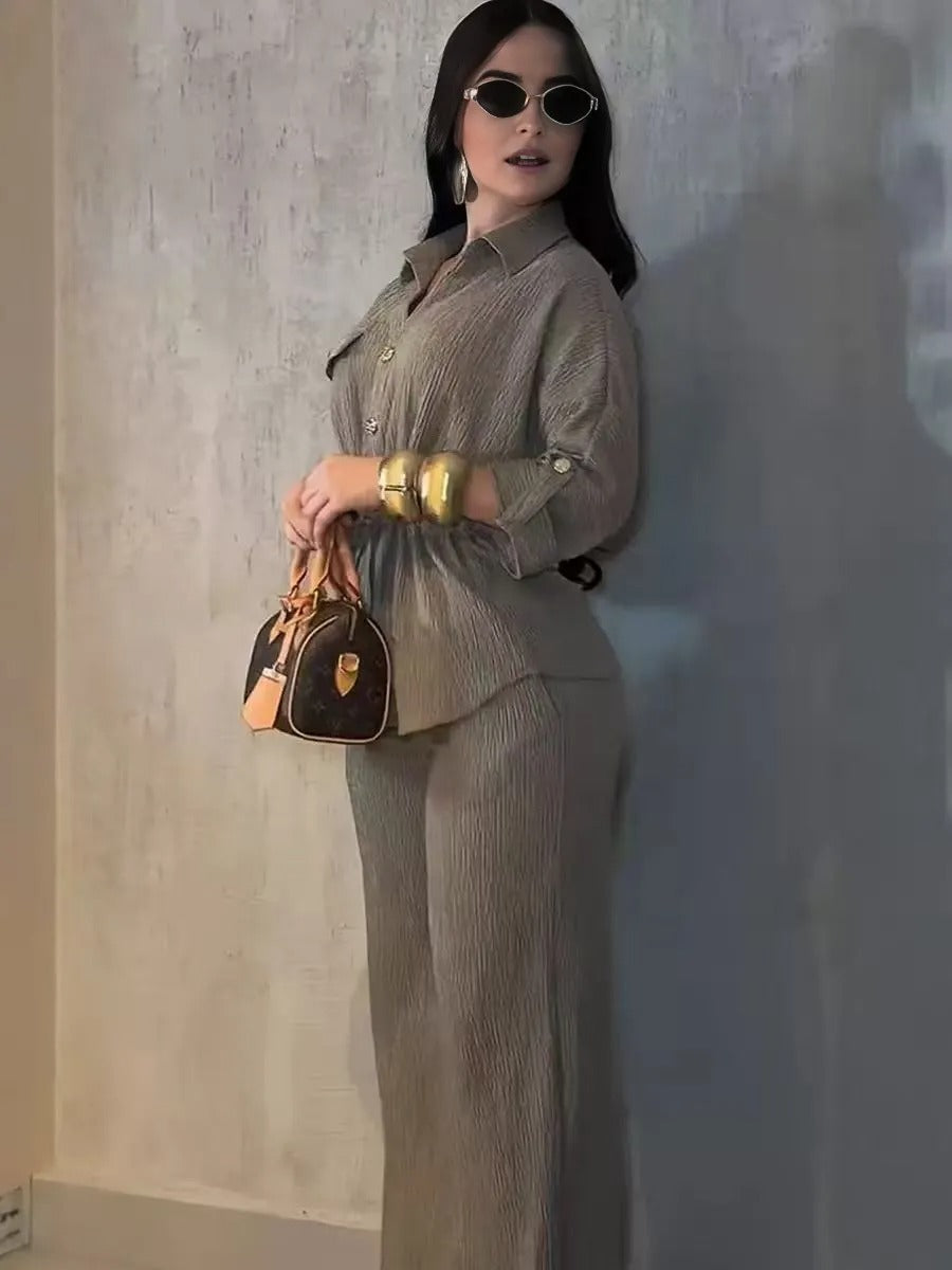 Women’s Loose Fit Shirt and Pants Set, Long Sleeve Outfit