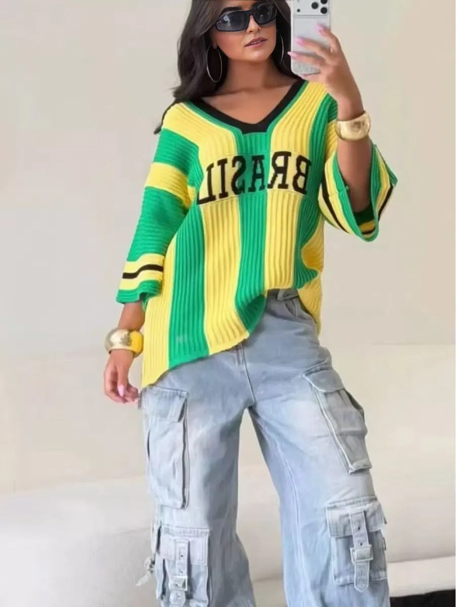 Oversized Knit Sweater for Women, Letter Design