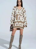 Casual Letter Print Knit Sweater, Loose Fit