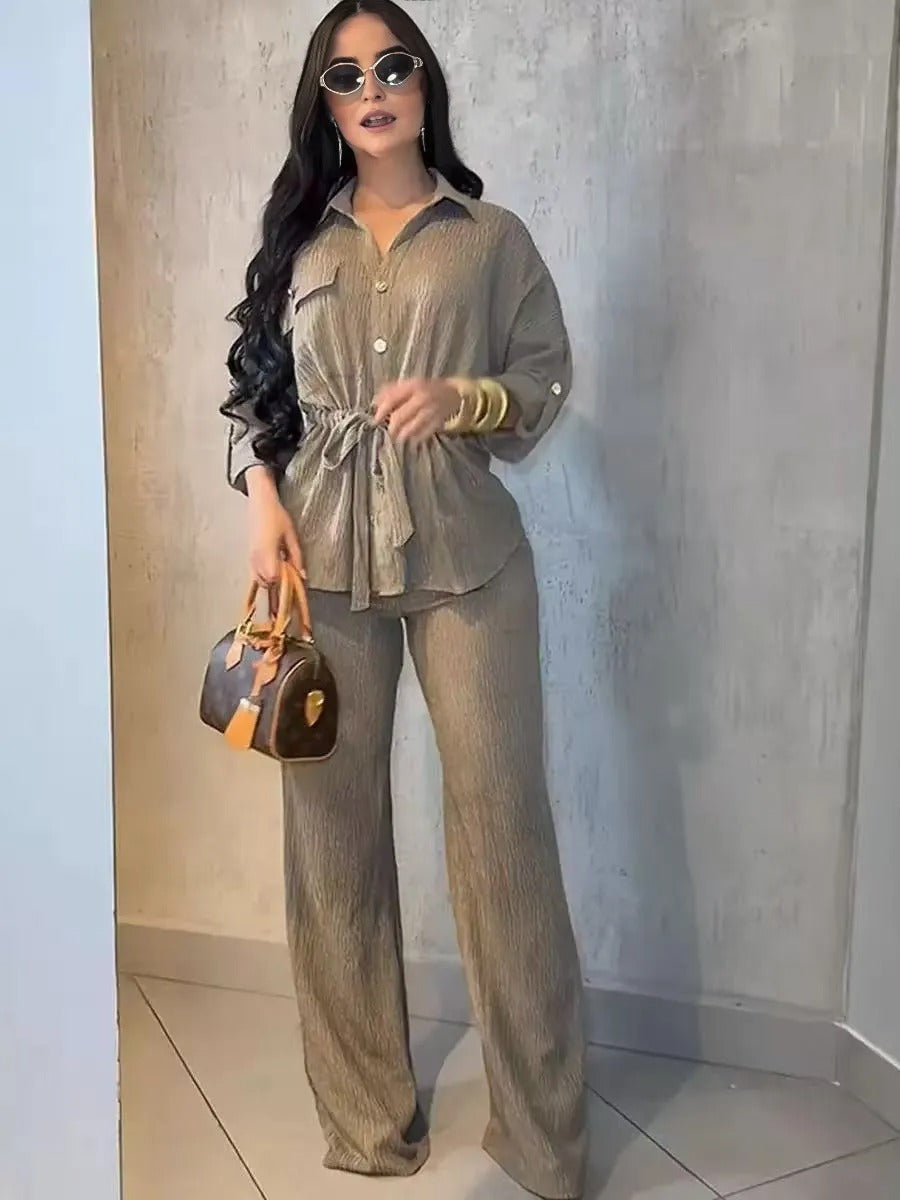 Women’s Loose Fit Shirt and Pants Set, Long Sleeve Outfit