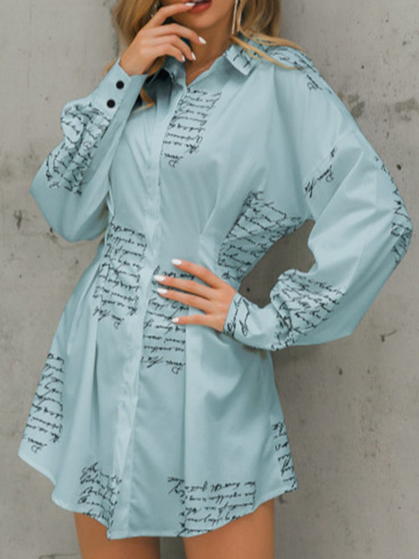 Long Sleeves Loose Letter Print Pleated Split-Joint Lapel Mini Dresses Shirt Dress