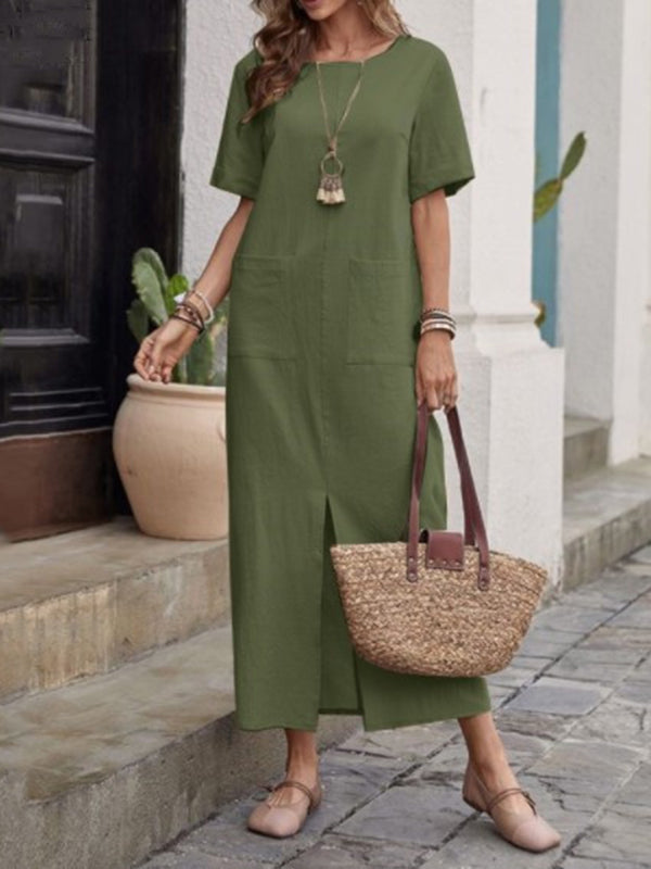 High Waisted Loose Pockets Solid Color Split-front Round-neck Midi Dresses