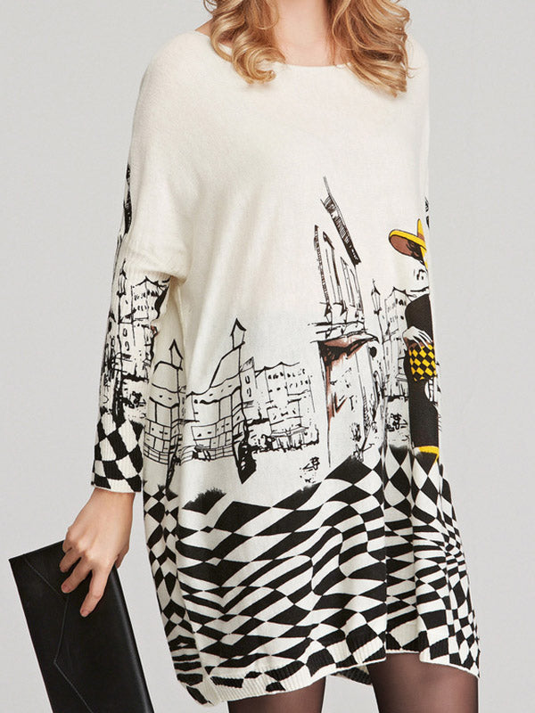 Vintage Loose Printed Split-Joint Sweater