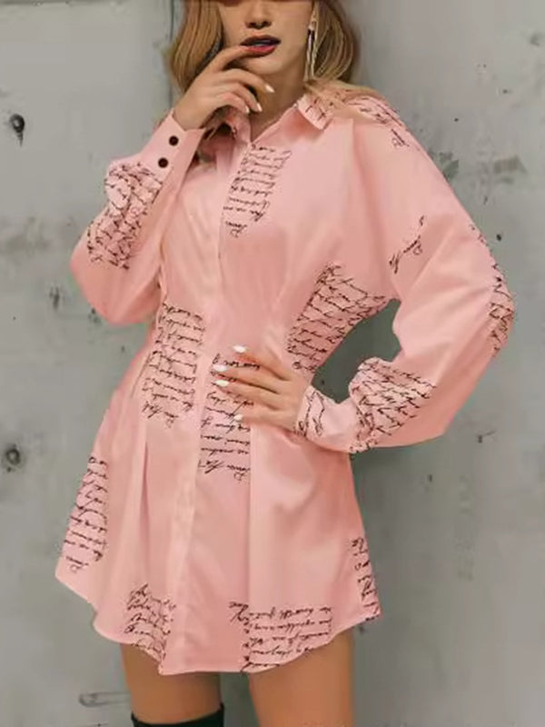 Long Sleeves Loose Letter Print Pleated Split-Joint Lapel Mini Dresses Shirt Dress