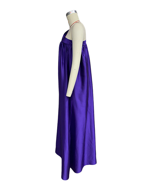 A-Line Loose Asymmetric Pleated Solid Color Tied One-Shoulder Maxi Dresses