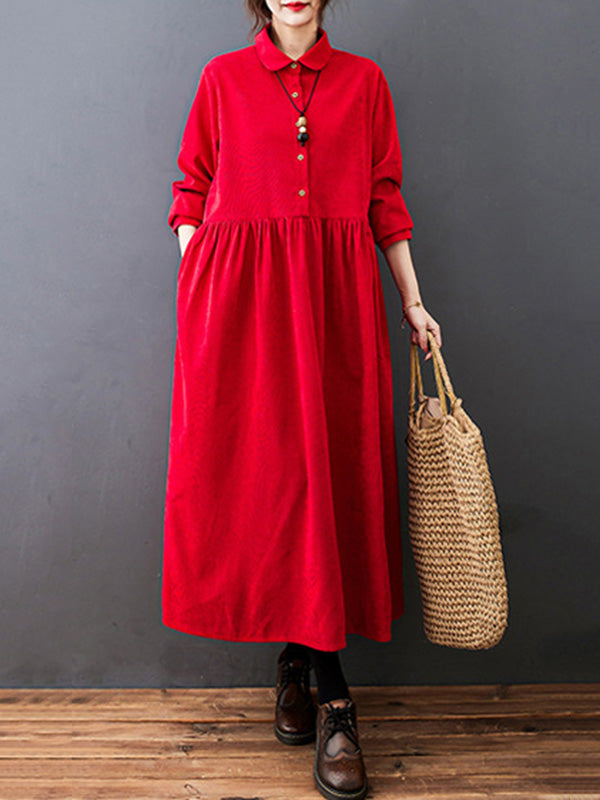 Vintage Split-Joint Solid Color Long Sleeves Lapel A-Line Corduroy Midi Dress