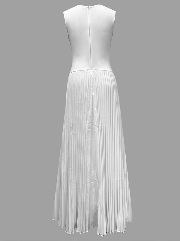 A-Line Loose Pleated Solid Color V-Neck Maxi Dresses