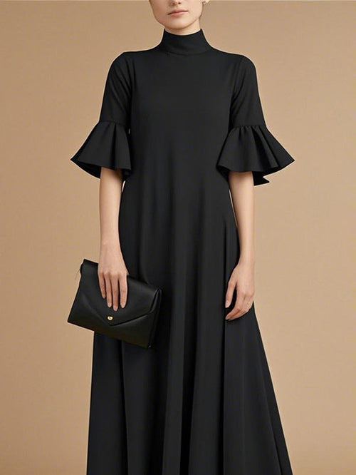 A-Line Flared Sleeves Pleated Solid Color Mock Neck Maxi Dresses