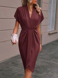 High-Low Loose Knot Pleated Solid Color Split-Front V-Neck Midi Dresses