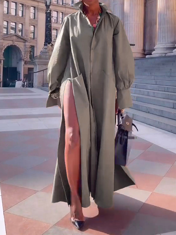 Long Sleeves Loose Solid Color Split-Joint Split-Side Lapel Maxi Dresses Shirt Dress