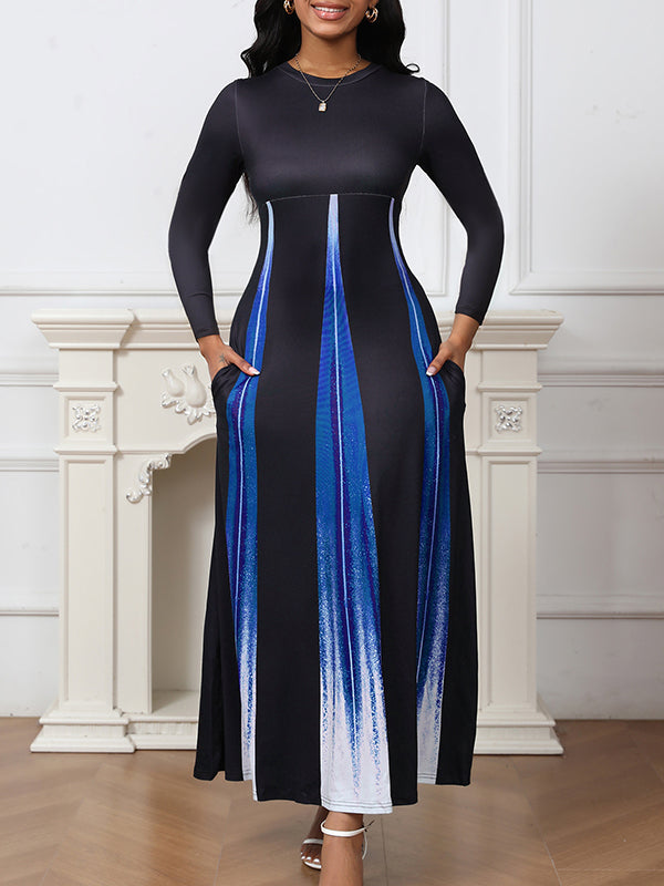 A-Line High Waisted Gradient Pockets Printed Split-Joint Round-Neck Maxi Dresses