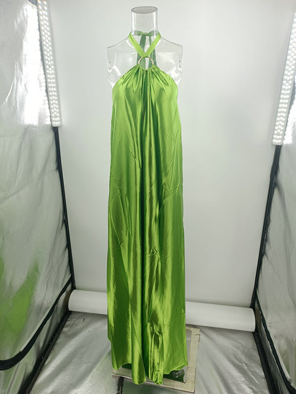 A-Line Loose Backless Solid Color Tied Halter-Neck Maxi Dresses