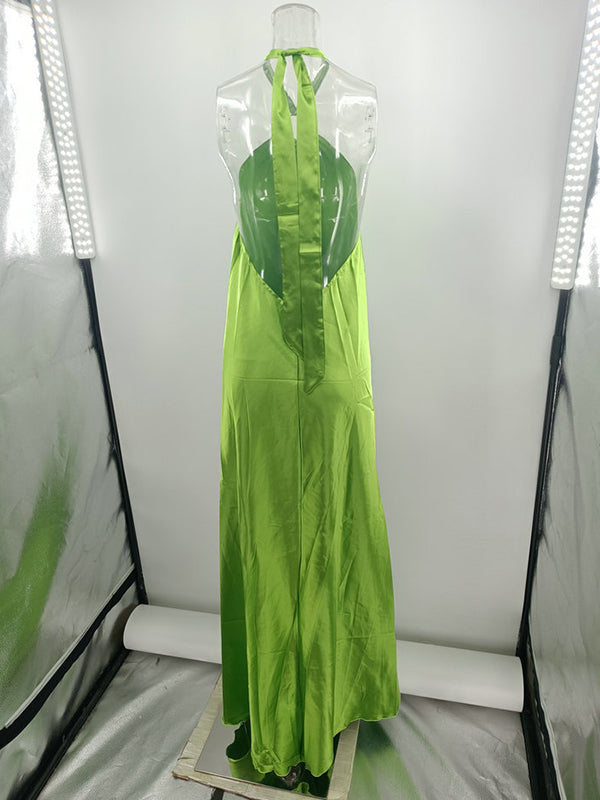 A-Line Loose Backless Solid Color Tied Halter-Neck Maxi Dresses