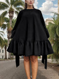 Long Sleeves Loose Falbala Solid Color Stand Collar Mini Dresses