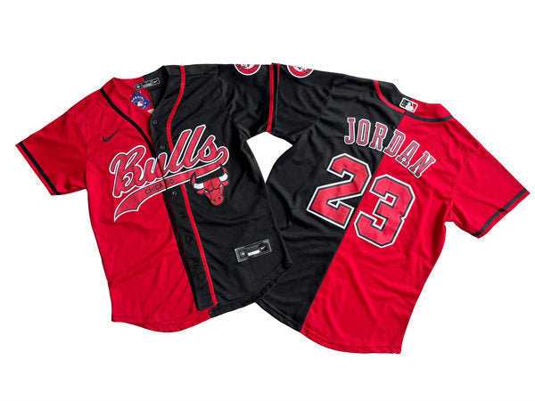 Men’s Chicago Bulls #23 Michael Jordan Red Black Split Limited Baseball Jerse