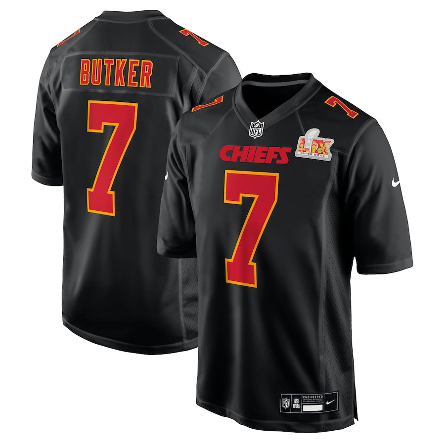 Men’s Kansas City Chiefs Harrison Butker #7 Carbon Black Super Bowl LIX Jersey