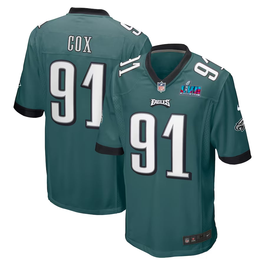 Men’s Philadelphia Eagles Fletcher Cox #91 Midnight Green Super Bowl LVII Patch Jersey